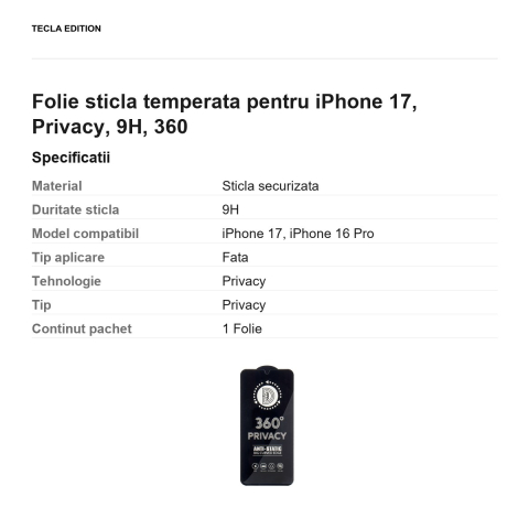 Folie sticla temperata pentru iPhone 17, Privacy, 9H, 360 [2]