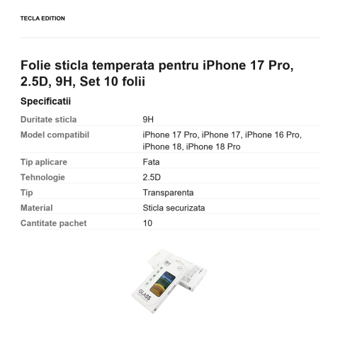 Set 10 folii sticla temperata pentru iPhone 17 Pro, 2.5D, 9H [2]