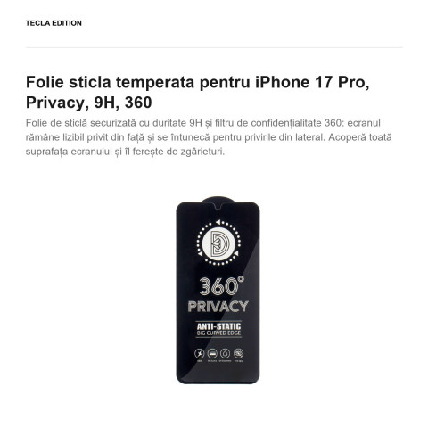 Folie sticla temperata pentru iPhone 17 Pro, Privacy, 9H, 360 [1]