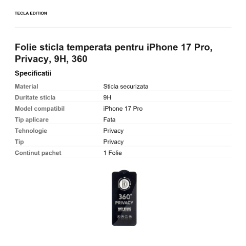 Folie sticla temperata pentru iPhone 17 Pro, Privacy, 9H, 360 [2]