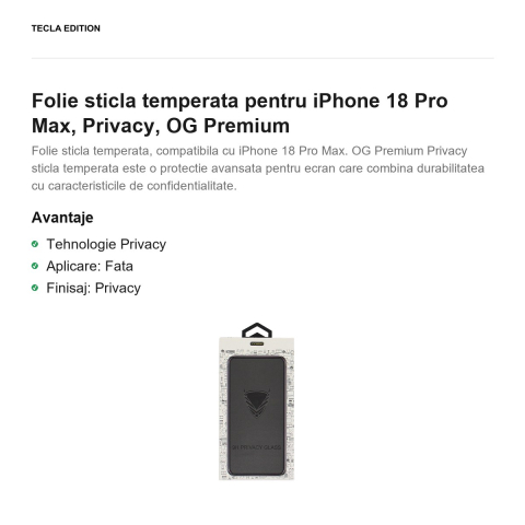 Folie sticla temperata pentru iPhone 18 Pro Max, Privacy, OG Premium [1]