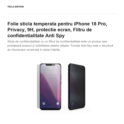 Folie sticla temperata pentru iPhone 18 Pro, Privacy, 9H, protectie ecran, Filtru de confidentialitate Anti Spy [1]