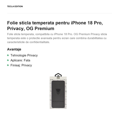 Folie sticla temperata pentru iPhone 18 Pro, Privacy, OG Premium [1]