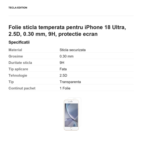 Folie sticla temperata pentru iPhone 18 Ultra, 2.5D, 0.30 mm, 9H, protectie ecran [2]