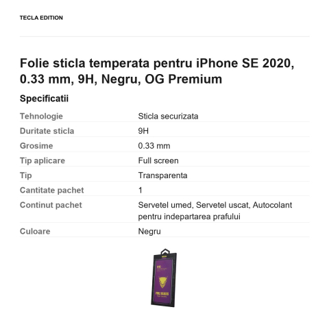 Folie sticla temperata pentru iPhone SE 2020, 0.33 mm, 9H, Negru, OG Premium [2]