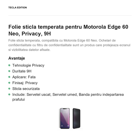 Folie sticla temperata pentru Motorola Edge 60 Neo, Privacy, 9H [1]