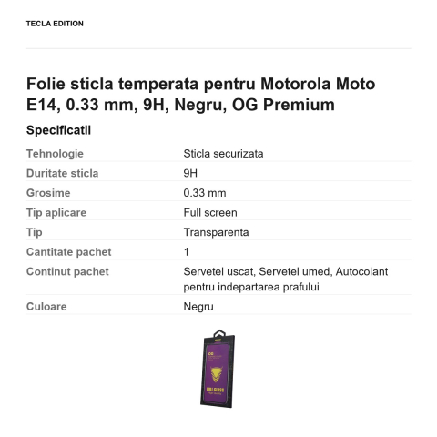 Folie sticla temperata pentru Motorola Moto E14, 0.33 mm, 9H, Negru, OG Premium [2]