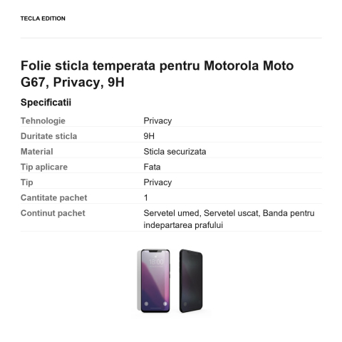 Folie sticla temperata pentru Motorola Moto G67, Privacy, 9H [2]