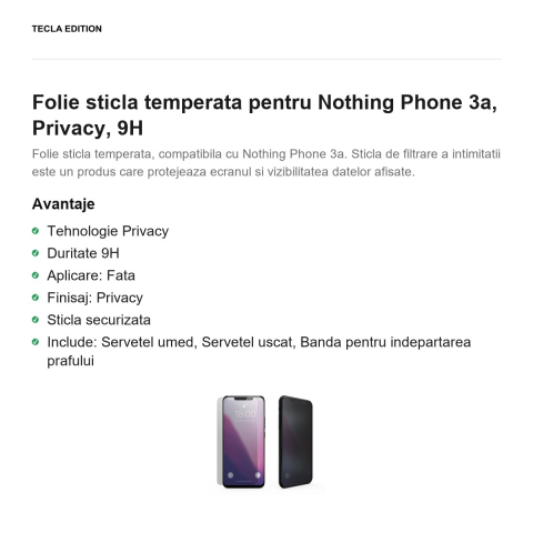 Folie sticla temperata pentru Nothing Phone 3a, Privacy, 9H [1]