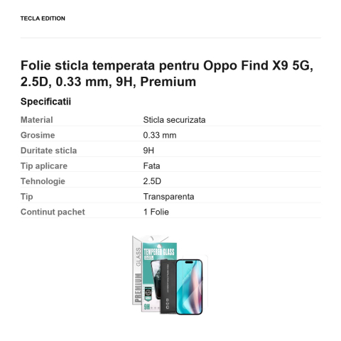 Folie sticla temperata pentru Oppo Find X9 5G, 2.5D, 0.33 mm, 9H, Premium [2]