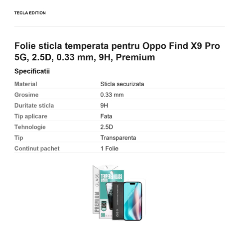 Folie sticla temperata pentru Oppo Find X9 Pro 5G, 2.5D, 0.33 mm, 9H, Premium [2]