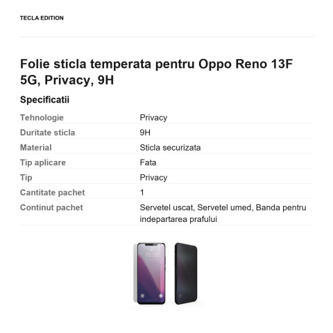Folie sticla temperata pentru Oppo Reno 13F 5G, Privacy, 9H [2]
