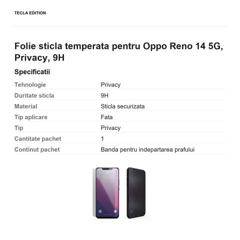Folie sticla temperata pentru Oppo Reno 14 5G, Privacy, 9H [2]