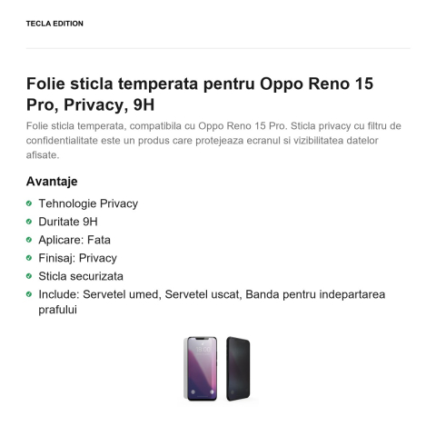 Folie sticla temperata pentru Oppo Reno 15 Pro, Privacy, 9H [1]