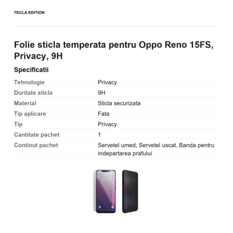 Folie sticla temperata pentru Oppo Reno 15FS, Privacy, 9H [2]