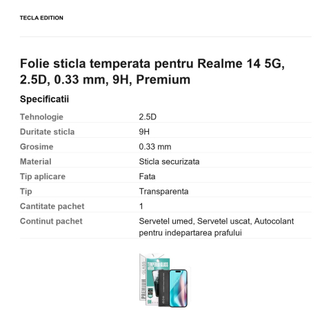 Folie sticla temperata pentru Realme 14 5G, 2.5D, 0.33 mm, 9H, Premium [2]