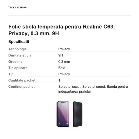 Folie sticla temperata pentru Realme C63, Privacy, 0.3 mm, 9H [2]