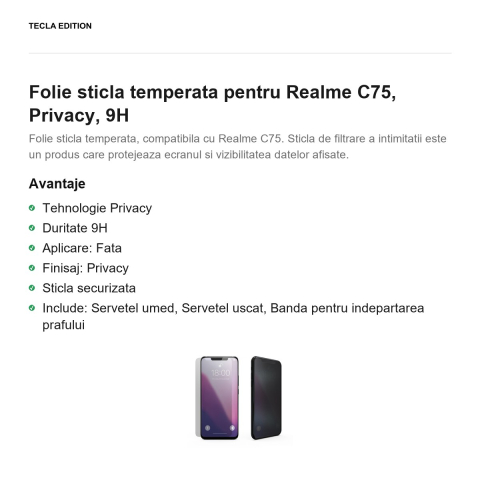 Folie sticla temperata pentru Realme C75, Privacy, 9H [1]