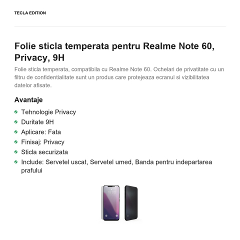 Folie sticla temperata pentru Realme Note 60, Privacy, 9H [1]