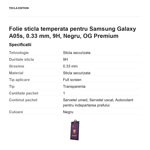 Folie sticla temperata pentru Samsung Galaxy A05s, 0.33 mm, 9H, Negru, OG Premium [2]