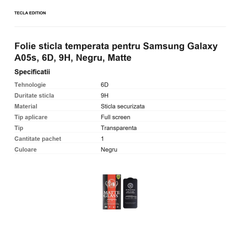Folie sticla temperata pentru Samsung Galaxy A05s, 6D, 9H, Negru, Matte [2]
