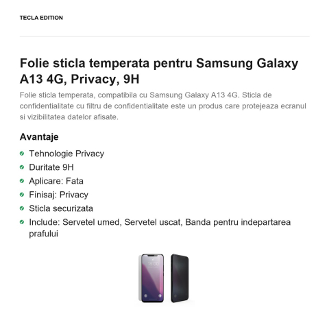 Folie sticla temperata pentru Samsung Galaxy A13 4G, Privacy, 9H [1]