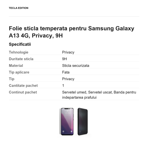 Folie sticla temperata pentru Samsung Galaxy A13 4G, Privacy, 9H [2]