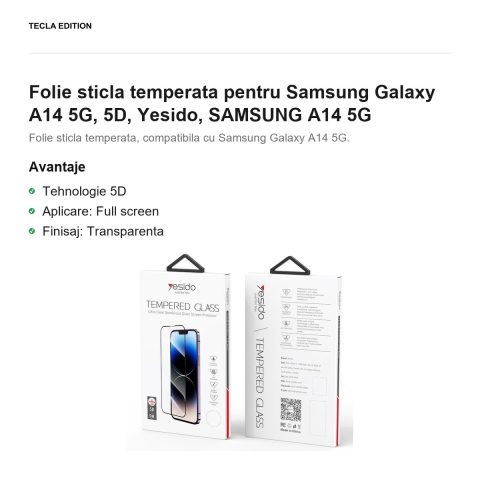 Folie sticla temperata pentru Samsung Galaxy A14 5G, 5D, Yesido, SAMSUNG A14 5G [1]