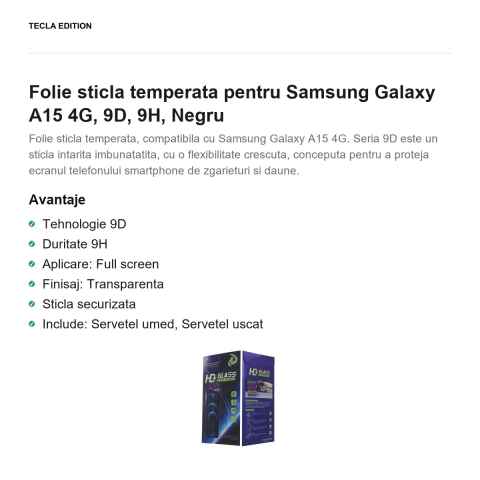 Folie sticla temperata pentru Samsung Galaxy A15 4G, 9D, 9H, Negru [1]