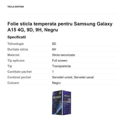 Folie sticla temperata pentru Samsung Galaxy A15 4G, 9D, 9H, Negru [2]