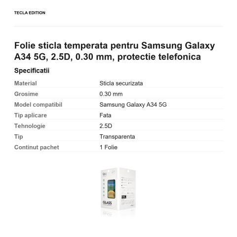 Folie sticla temperata pentru Samsung Galaxy A34 5G, 2.5D, 0.30 mm, protectie telefonica [2]