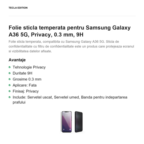 Folie sticla temperata pentru Samsung Galaxy A36 5G, Privacy, 0.3 mm, 9H [1]
