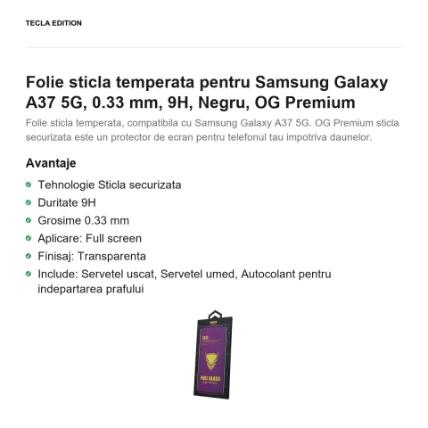 Folie sticla temperata pentru Samsung Galaxy A37 5G, 0.33 mm, 9H, Negru, OG Premium [1]