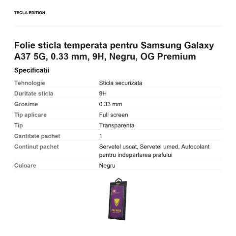 Folie sticla temperata pentru Samsung Galaxy A37 5G, 0.33 mm, 9H, Negru, OG Premium [2]