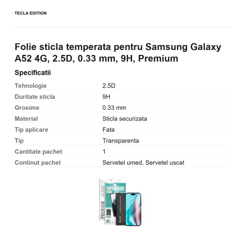 Folie sticla temperata pentru Samsung Galaxy A52 4G, 2.5D, 0.33 mm, 9H, Premium [2]