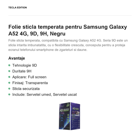 Folie sticla temperata pentru Samsung Galaxy A52 4G, 9D, 9H, Negru [1]