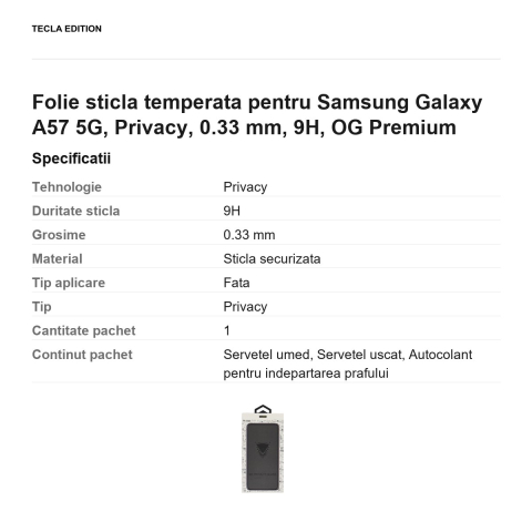 Folie sticla temperata pentru Samsung Galaxy A57 5G, Privacy, 0.33 mm, 9H, OG Premium [2]