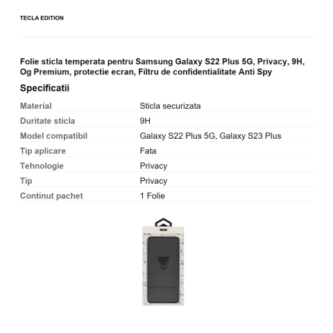 Folie sticla temperata pentru Samsung Galaxy S22 Plus 5G, Privacy, 9H, Og Premium, protectie ecran, Filtru de confidentialitate Anti Spy [2]