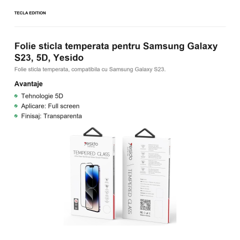Folie sticla temperata pentru Samsung Galaxy S23, 5D, Yesido [1]