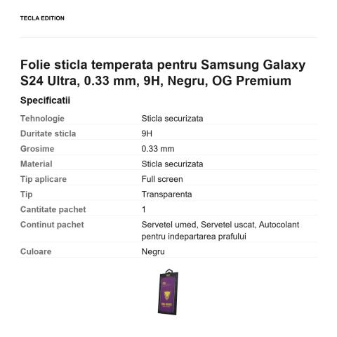 Folie sticla temperata pentru Samsung Galaxy S24 Ultra, 0.33 mm, 9H, Negru, OG Premium [2]