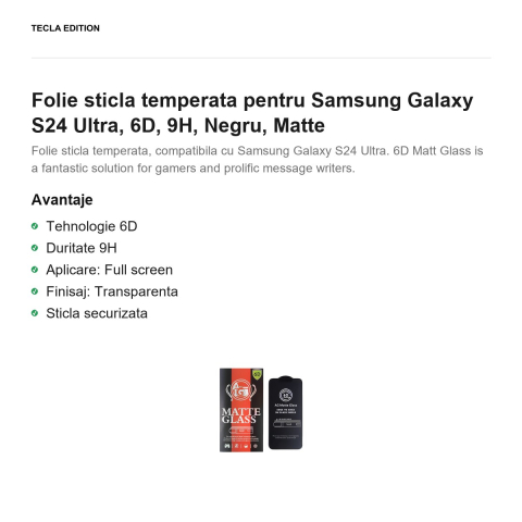 Folie sticla temperata pentru Samsung Galaxy S24 Ultra, 6D, 9H, Negru, Matte [1]