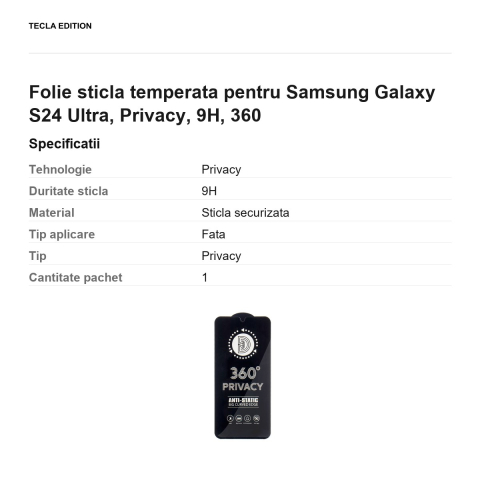 Folie sticla temperata pentru Samsung Galaxy S24 Ultra, Privacy, 9H, 360 [2]