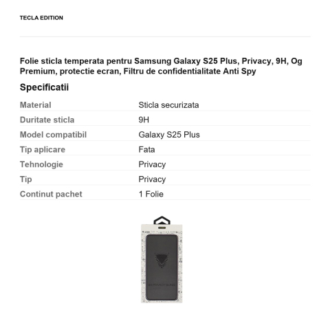 Folie sticla temperata pentru Samsung Galaxy S25 Plus, Privacy, 9H, Og Premium, protectie ecran, Filtru de confidentialitate Anti Spy [2]