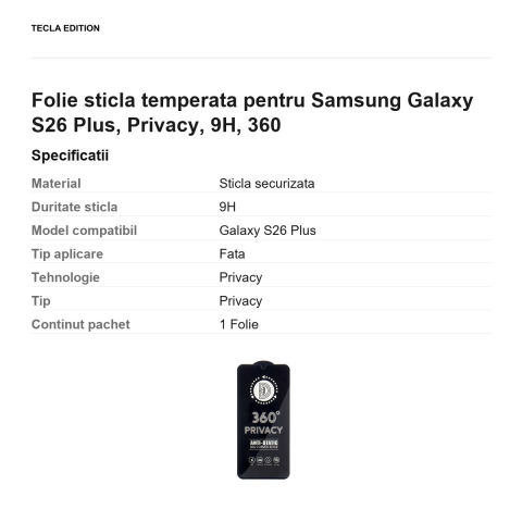 Folie sticla temperata pentru Samsung Galaxy S26 Plus, Privacy, 9H, 360 [2]