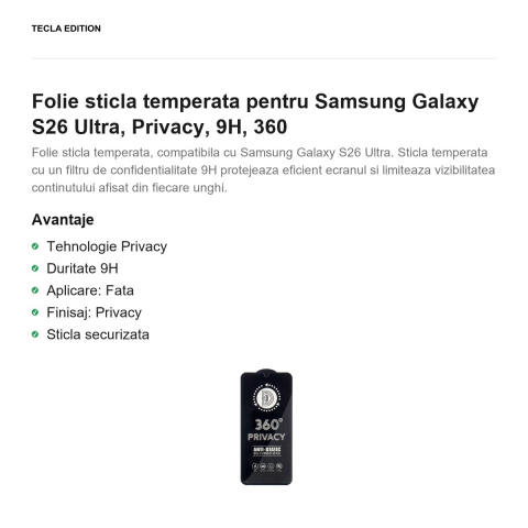 Folie sticla temperata pentru Samsung Galaxy S26 Ultra, Privacy, 9H, 360 [1]