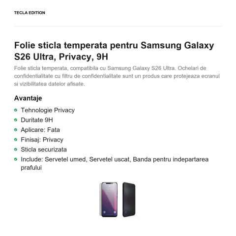 Folie sticla temperata pentru Samsung Galaxy S26 Ultra, Privacy, 9H [1]