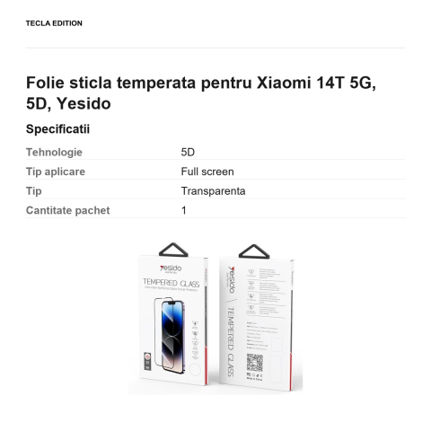 Folie sticla temperata pentru Xiaomi 14T 5G, 5D, Yesido [2]