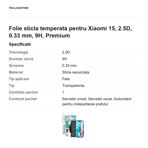 Folie sticla temperata pentru Xiaomi 15, 2.5D, 0.33 mm, 9H, Premium [2]