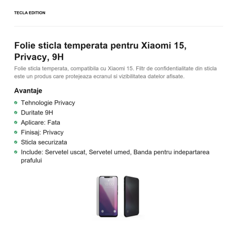 Folie sticla temperata pentru Xiaomi 15, Privacy, 9H [1]