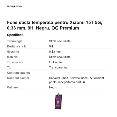 Folie sticla temperata pentru Xiaomi 15T 5G, 0.33 mm, 9H, Negru, OG Premium [2]
